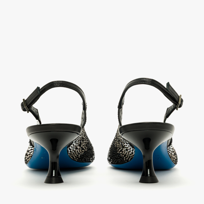Pantofi Sanda Dama Eleganti, Piele Naturala Negru cu Argintiu, Strasuri, Slingback si Toc Evazat 5 cm, Loriblu 3EL5S888 [5]