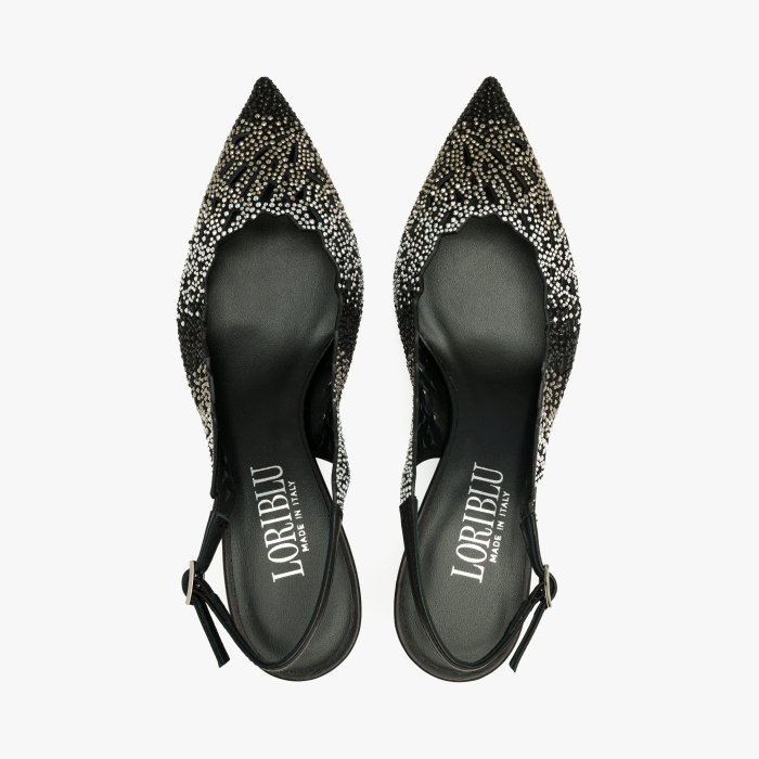 Pantofi Sanda Dama Eleganti, Piele Naturala Negru cu Argintiu, Strasuri, Slingback si Toc Evazat 5 cm, Loriblu 3EL5S888 [3]