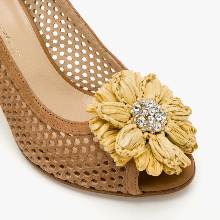 Pantofi Sanda Dama din Piele Naturala Bej, Nabuc Perforat, Varf Decupat Peep-Toe, Aplicatie Florala cu Cristale, Renzoni 4406 [4]