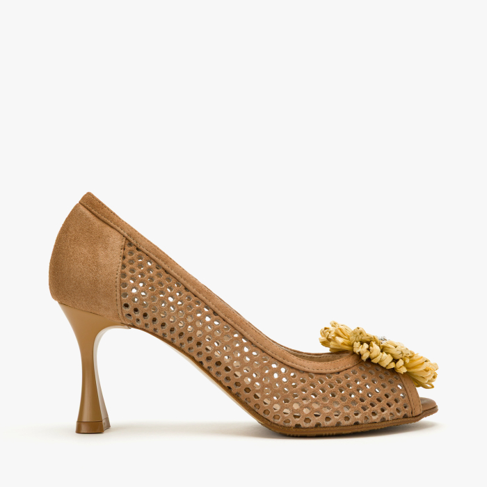 Pantofi Sanda Dama din Piele Naturala Bej, Nabuc Perforat, Varf Decupat Peep-Toe, Aplicatie Florala cu Cristale, Renzoni 4406 [2]