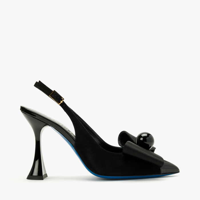 Pantofi Sanda Dama Eleganti, Culoare Negru, Piele Intoarsa si Lac, Funda Supradimensionata, Aplicatie Sferica, Toc Sculptural 10 cm, Loriblu 6EYSR291 [2]