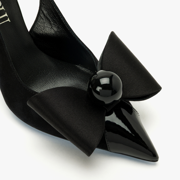 Pantofi Sanda Dama Eleganti, Culoare Negru, Piele Intoarsa si Lac, Funda Supradimensionata, Aplicatie Sferica, Toc Sculptural 10 cm, Loriblu 6EYSR291 [4]