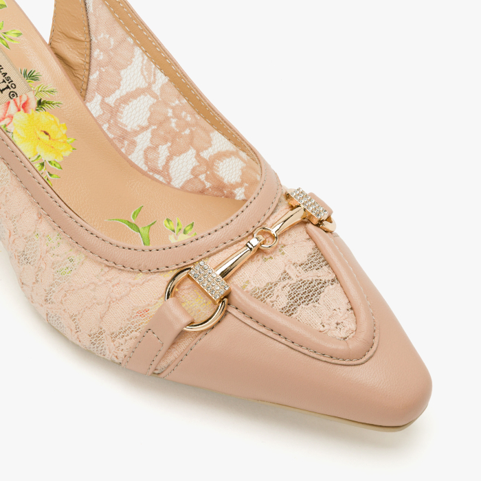 Pantofi Sanda Dama, Eleganti, Piele Naturala Crem, Insertii din Dantela, Bareta Slingback Reglabila, Toc Gros Geometric 6 cm, Renzoni 8339 [4]