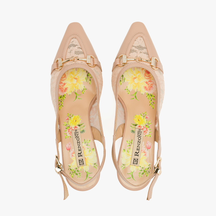 Pantofi Sanda Dama, Eleganti, Piele Naturala Crem, Insertii din Dantela, Bareta Slingback Reglabila, Toc Gros Geometric 6 cm, Renzoni 8339 [3]