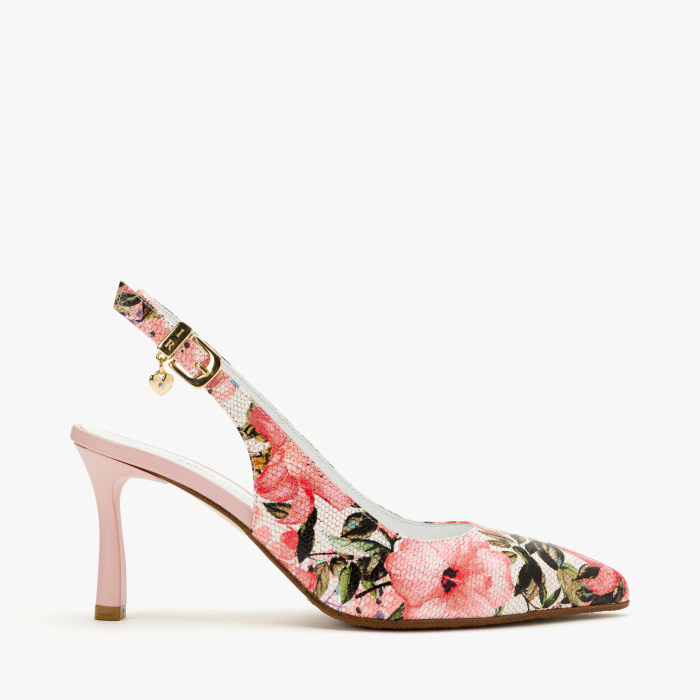 Pantofi Sanda Dama, Eleganti, Piele Naturala cu Imprimeu Floral Multicolor, Slingback cu Toc Subtire 7 cm si Varf Ascutit, Renzoni 8496 [2]