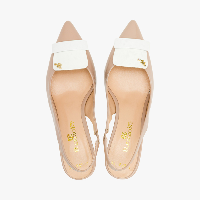 Pantofi Sanda Dama Eleganti, Piele Naturala Lacuita Bej, Slingback cu Toc Comod 6 cm si Varf Ascutit, Renzoni 11356056 [3]