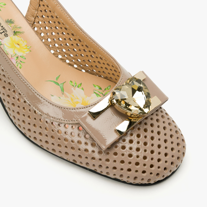 Pantofi Sanda Dama, Eleganti, Piele Naturala Lacuita, Culoare Crem, Slingback Reglabil, Toc Stabil 6 cm, Renzoni 8335 [4]