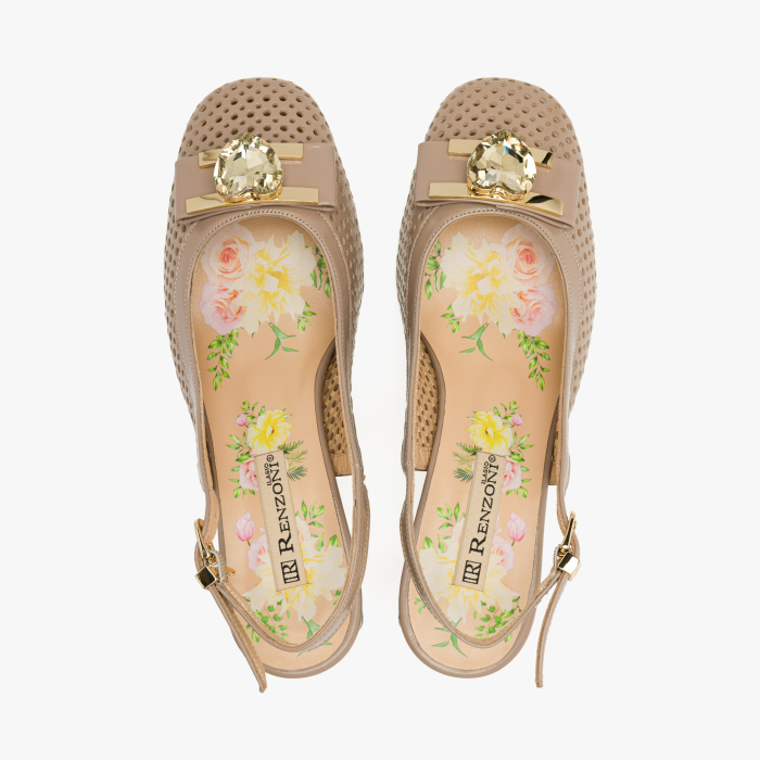 Pantofi Sanda Dama, Eleganti, Piele Naturala Lacuita, Culoare Crem, Slingback Reglabil, Toc Stabil 6 cm, Renzoni 8335 [3]