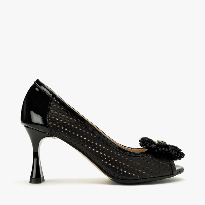 Pantofi Sanda Dama, Eleganti, Piele Naturala, Negru, Perforat Tip Plasa, Varf Decupat, Toc 7 cm, Renzoni 4406 [2]