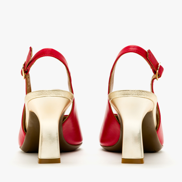 Pantofi Sanda Dama Rosii, Piele Naturala, Slingback, Varf Ascutit, Toc Evazat Auriu 8 cm, Angelo Giannini 5252 [5]