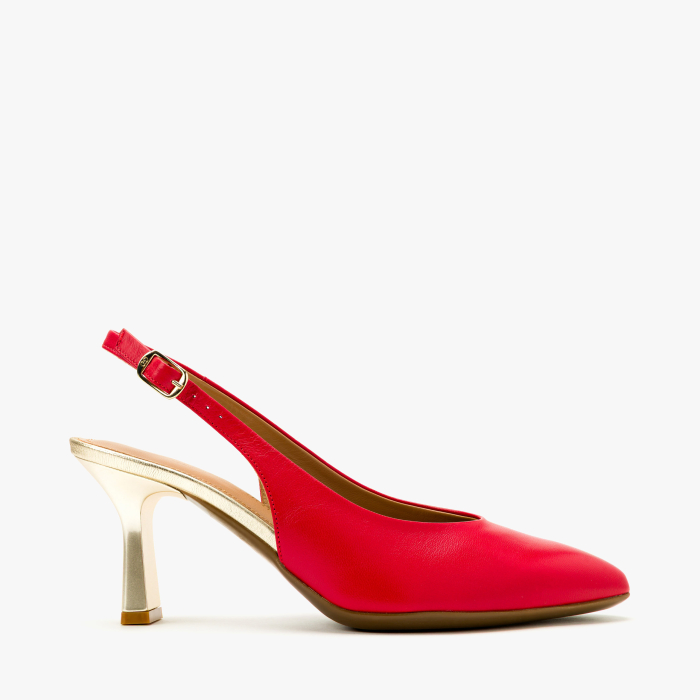 Pantofi Sanda Dama Rosii, Piele Naturala, Slingback, Varf Ascutit, Toc Evazat Auriu 8 cm, Angelo Giannini 5252 [2]