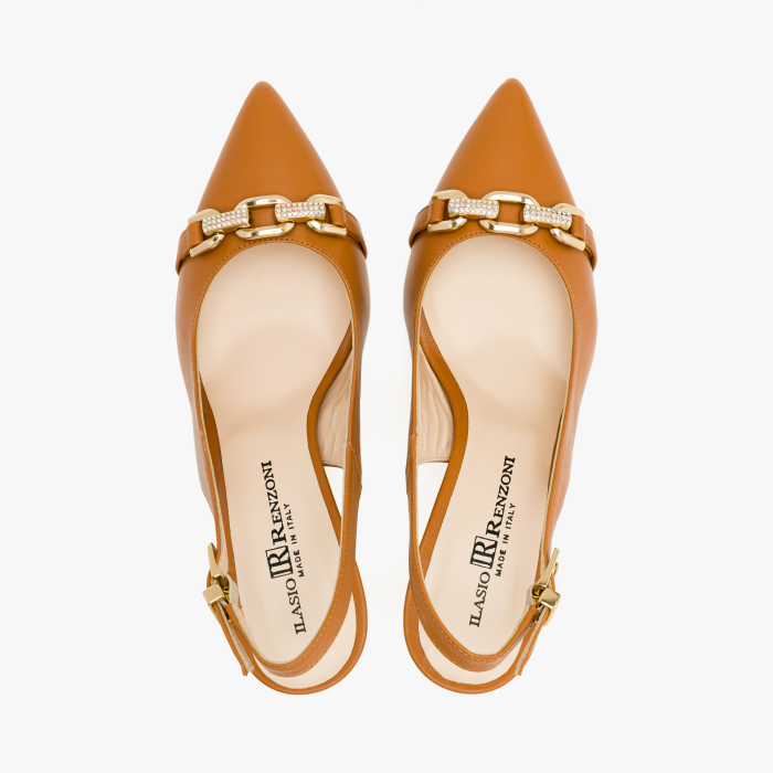 Pantofi Sanda Dama Eleganti, Piele Naturala Havan, Varf Ascutit (Pointed Toe), Accesoriu Metalic Auriu, Toc Subtire 7 cm, Renzoni 8426 [3]