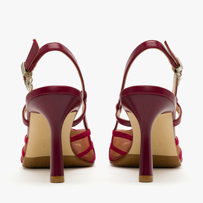Pantofi Sanda Dama, Eleganti, Piele Intoarsa Rosie, Plasa Transparenta Mesh, Cristale Fine, Toc Subtire 8 cm, Renzoni 8422 [5]