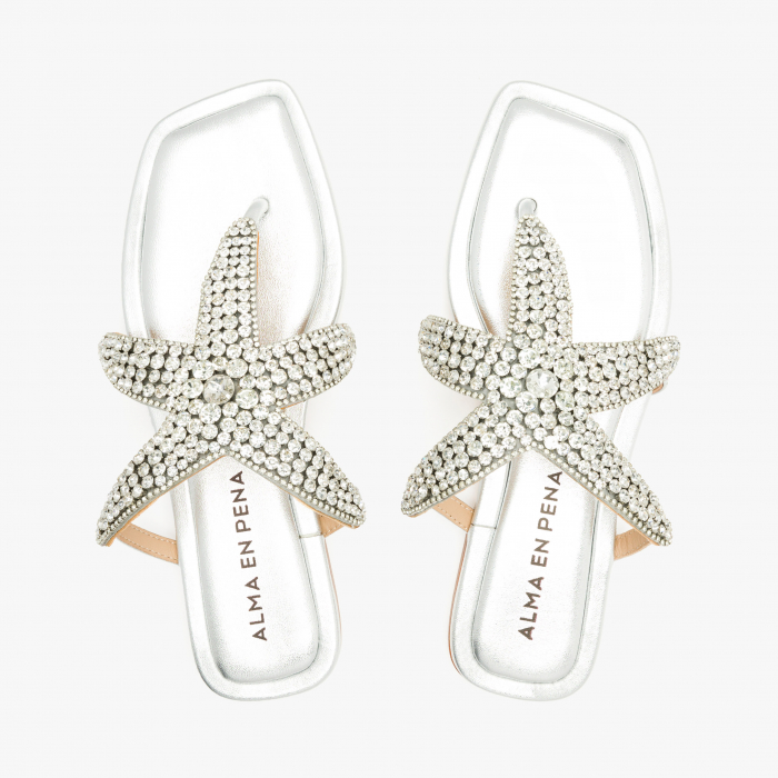 Papuci Damă Argintii Casual-Eleganți cu Cristale, Talpă Joasă Flatform 1 cm, Piele Ecologică, Alma en Pena 251973 [3]