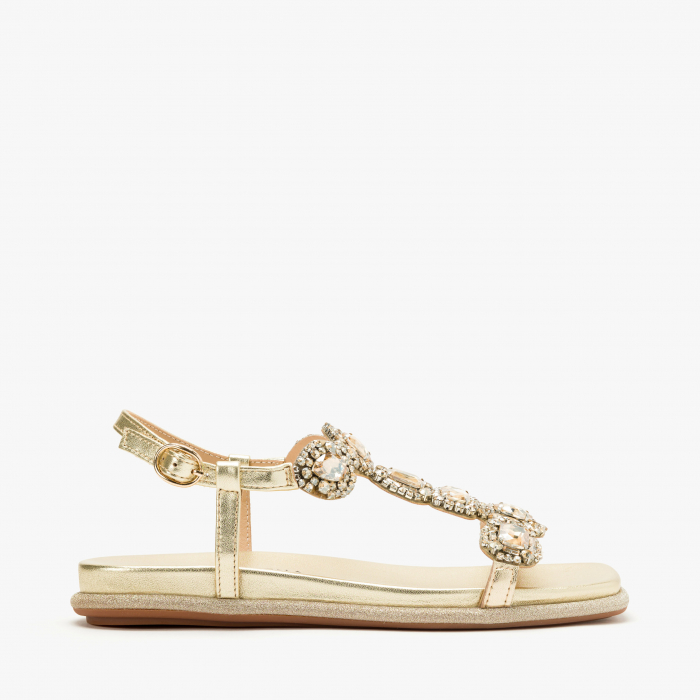 Sandale Damă Casual/Elegant, Piele Aurie, Cristale Luxuriante și Talpă Flatt, Alma en Pena 251601 [2]