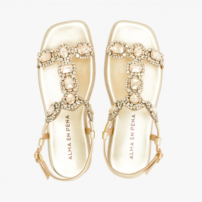 Sandale Damă Casual/Elegant, Piele Aurie, Cristale Luxuriante și Talpă Flatt, Alma en Pena 251601 [3]