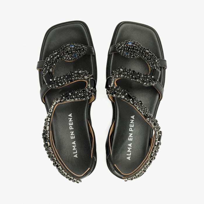 Sandale Damă Casual/Elegante, Negru, Bordură cu Sclipici, Talpă Flatt, Alma en Pena 251605 [3]
