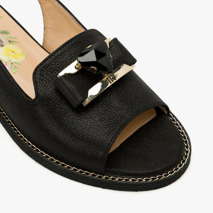 Sandale Dama Casual-Elegante, Piele Naturala, Nabuc Negru, Talpa Ortopedica si Aplicatie Cristal Negru, Bareta Reglabila, Renzoni 8338 [4]