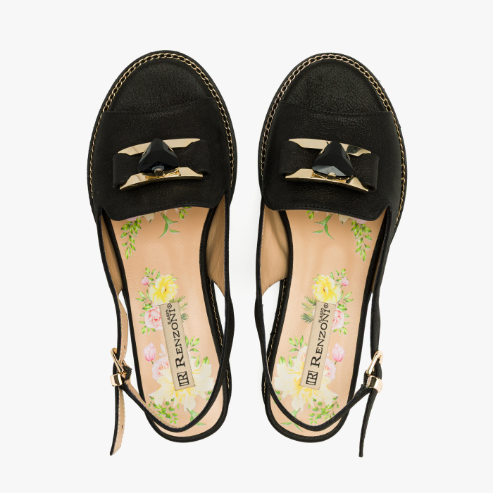 Sandale Dama Casual-Elegante, Piele Naturala, Nabuc Negru, Talpa Ortopedica si Aplicatie Cristal Negru, Bareta Reglabila, Renzoni 8338 [3]