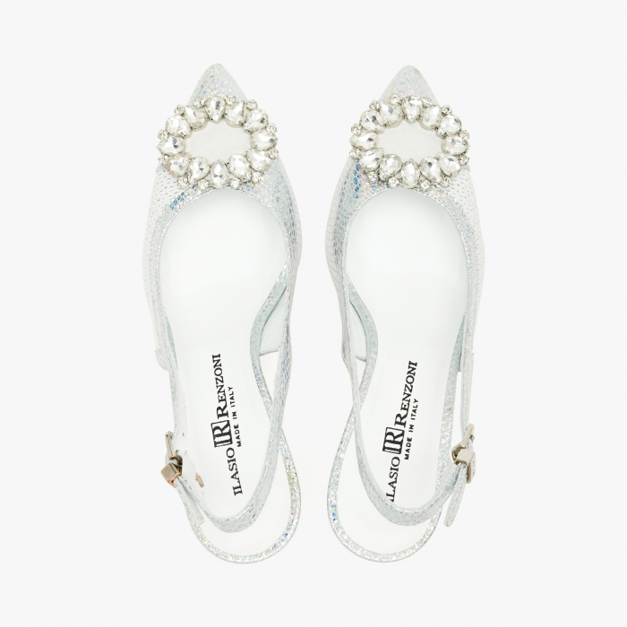 Pantofi Sanda Dama de Lux, Culoare Alb cu Argintiu, Toc Subțire 7 cm, Cristale Swarovski, Renzoni 6795 [3]