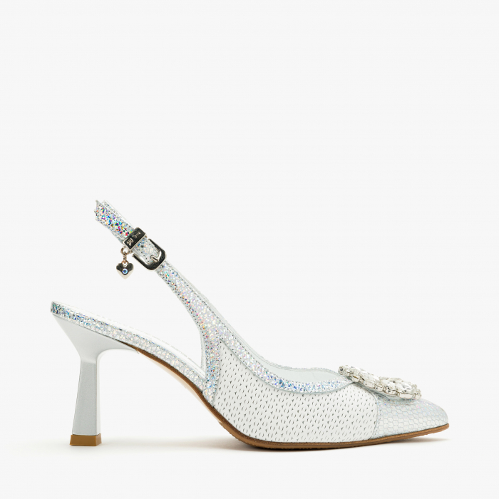 Pantofi Sanda Dama de Lux, Culoare Alb cu Argintiu, Toc Subțire 7 cm, Cristale Swarovski, Renzoni 6795 [2]