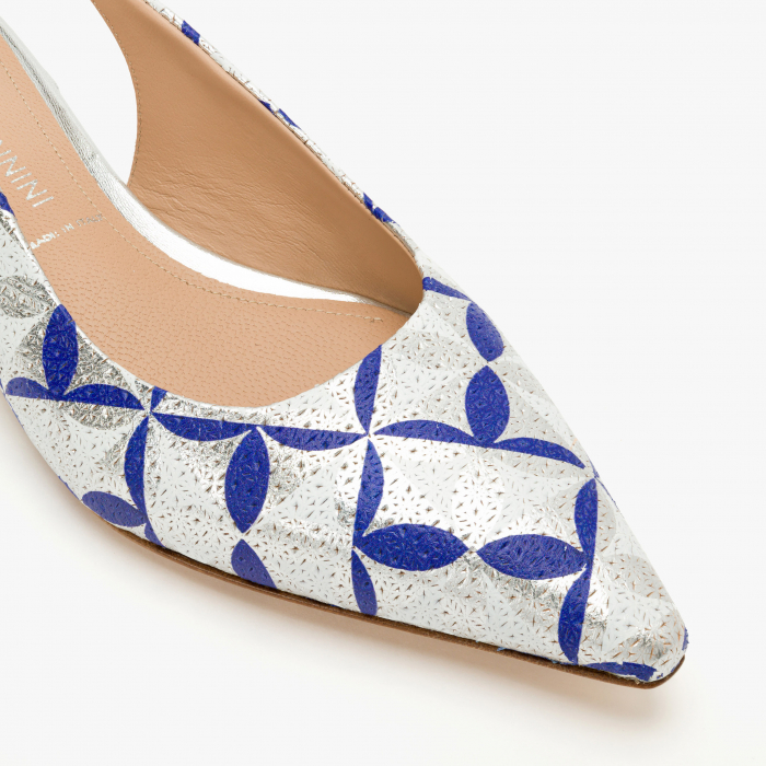 Pantofi Sanda Dama Eleganti din Piele, Culoare Argintie cu Imprimeu Bleu, Toc Comod, Sezon Primavara-Vara, Angelo Giannini 1136 [4]
