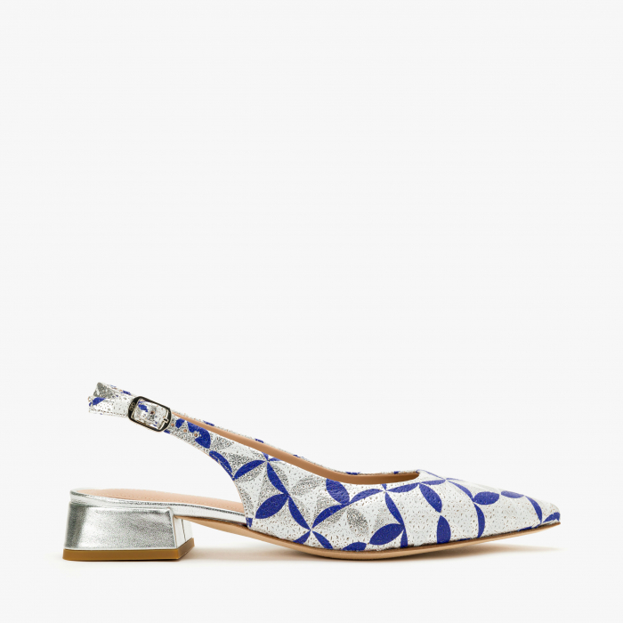 Pantofi Sanda Dama Eleganti din Piele, Culoare Argintie cu Imprimeu Bleu, Toc Comod, Sezon Primavara-Vara, Angelo Giannini 1136 [2]