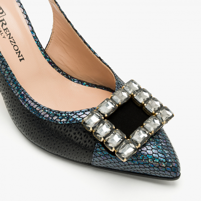 Pantofi Sanda Dama Eleganti, Bleumarin, Toc Subțire 7 cm, Cristale Swarovski, Renzoni 6794 [4]