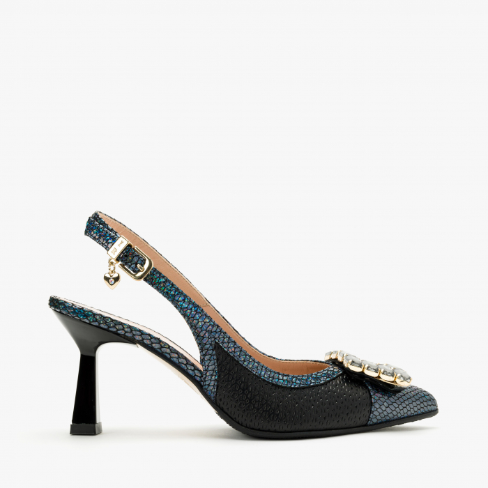 Pantofi Sanda Dama Eleganti, Bleumarin, Toc Subțire 7 cm, Cristale Swarovski, Renzoni 6794 [2]