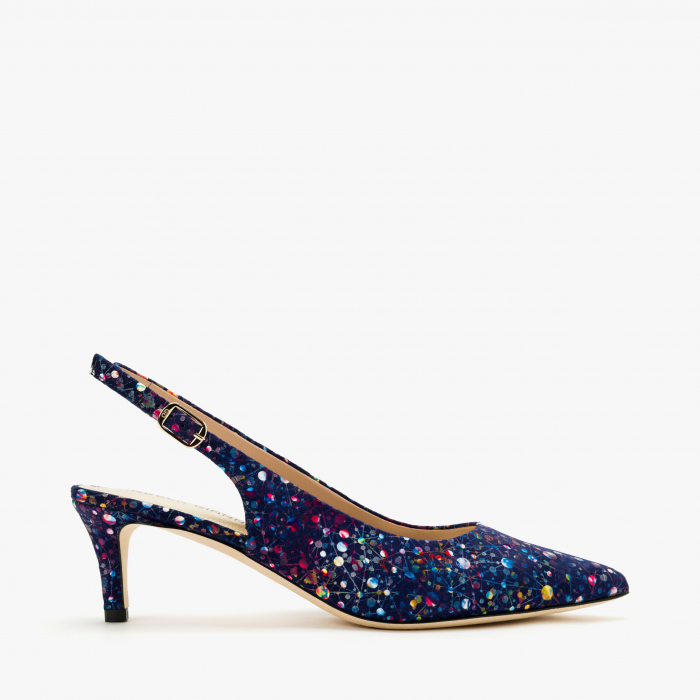 Pantofi Sanda Dama Eleganti din Nabuc, Culoare Bleumarin cu Imprimeu Multicolor, Toc Subtire de 5 cm, Angelo Giannini 1185 [2]