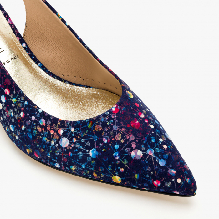 Pantofi Sanda Dama Eleganti din Nabuc, Culoare Bleumarin cu Imprimeu Multicolor, Toc Subtire de 5 cm, Angelo Giannini 1185 [4]