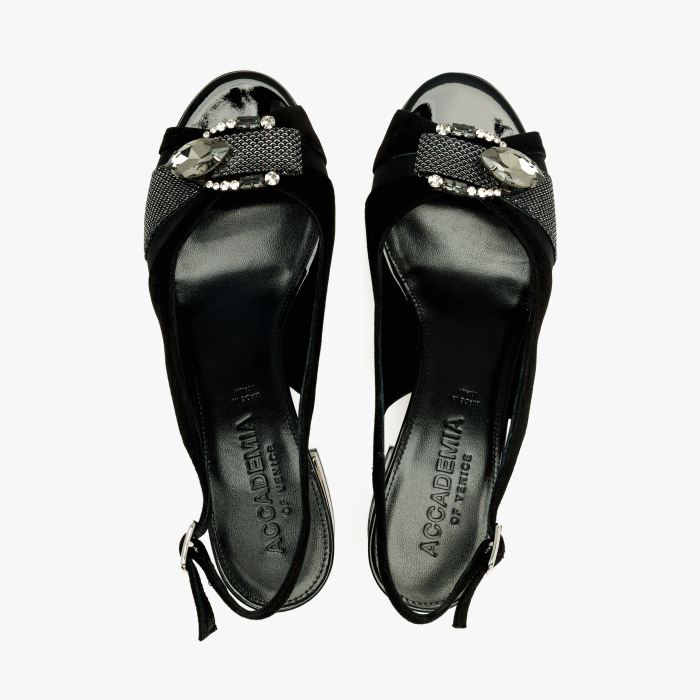 Sandale Dama Elegante din Piele Intoarsa Neagra, Cristal Fumuriu, Aplicatie Frontala si Toc Comod 4 cm, Accademia 1518 [3]