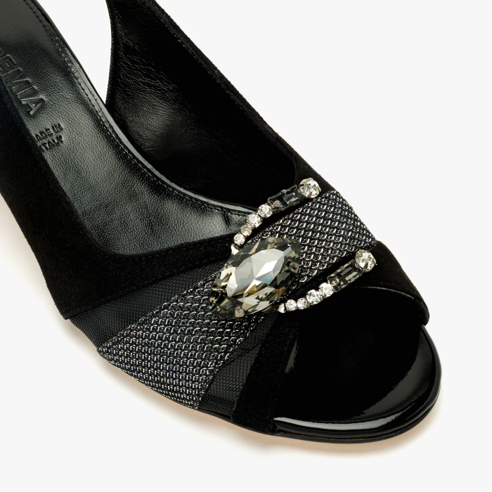 Sandale Dama Elegante din Piele Intoarsa Neagra, Cristal Fumuriu, Aplicatie Frontala si Toc Comod 4 cm, Accademia 1518 [4]