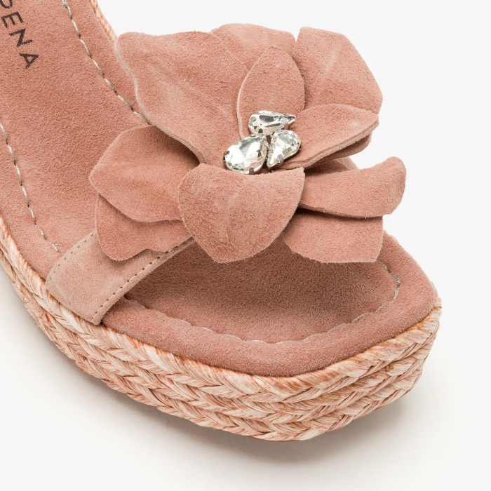Sandale Damă Elegante din Piele Întoarsă Roz, Floare 3D, Cristale și Platformă Ortopedică Artizanală, Alma en Pena 251285 [4]