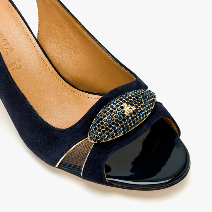 Sandale Dama Elegante, Piele Intoarsa Bleumarin, Varf Decupat, Toc Comod 5 cm, Insertii Plasa, Aplicatie cu Cristale, Accademia 1528 [4]