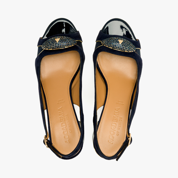 Sandale Dama Elegante, Piele Intoarsa Bleumarin, Varf Decupat, Toc Comod 5 cm, Insertii Plasa, Aplicatie cu Cristale, Accademia 1528 [3]
