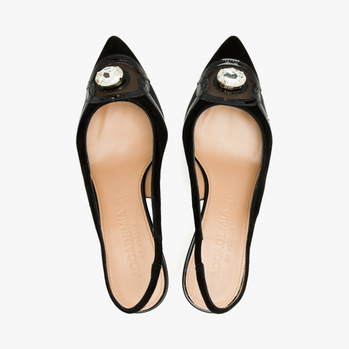 Pantofi Sanda Dama Eleganti, Negru, Toc Subțire 5 cm, Piele Naturala și Plasă, Accesoriu Cristal, Accademia 2237 [3]