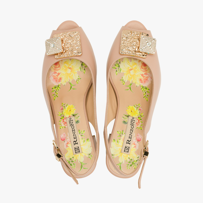 Sandale Dama Elegante, Piele Naturala Bej, Slingback Reglabil, Varf Decupat, Aplicatie Metalica, Toc Stabil 6 cm, Renzoni 8342 [3]
