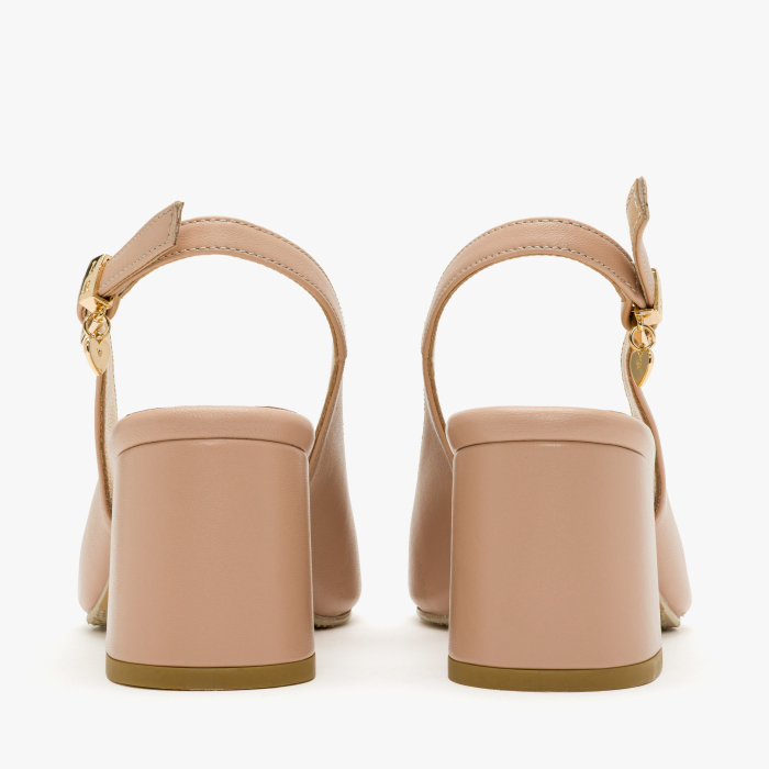 Sandale Dama Elegante, Piele Naturala Bej, Slingback Reglabil, Varf Decupat, Aplicatie Metalica, Toc Stabil 6 cm, Renzoni 8342 [5]