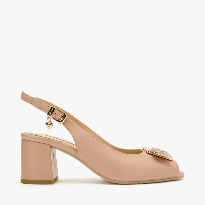 Sandale Dama Elegante, Piele Naturala Bej, Slingback Reglabil, Varf Decupat, Aplicatie Metalica, Toc Stabil 6 cm, Renzoni 8342 [2]