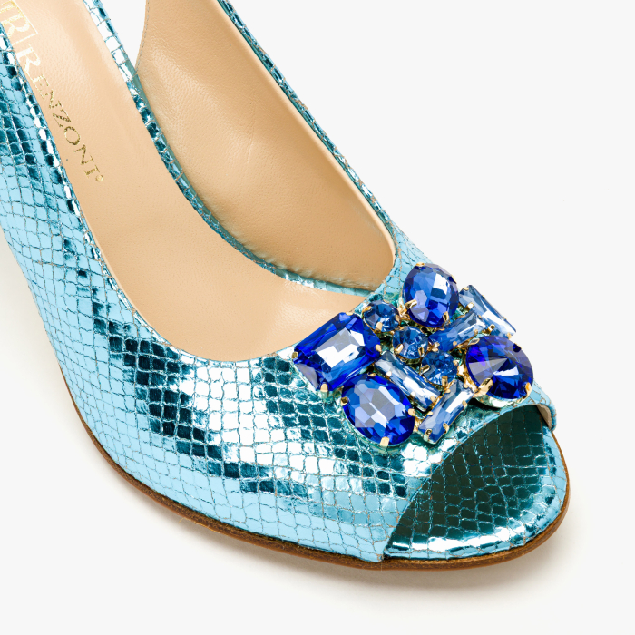 Sandale Dama Elegante, Piele Naturala Bleu Sidefata, Toc Evazat 8 cm si Cristale Albastre, Renzoni 4411 [4]