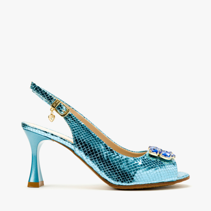 Sandale Dama Elegante, Piele Naturala Bleu Sidefata, Toc Evazat 8 cm si Cristale Albastre, Renzoni 4411 [2]