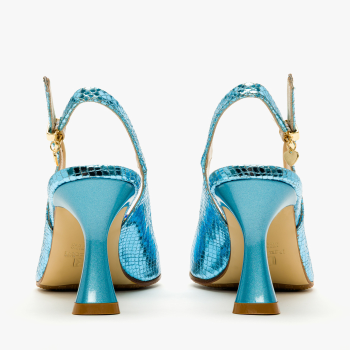 Sandale Dama Elegante, Piele Naturala Bleu Sidefata, Toc Evazat 8 cm si Cristale Albastre, Renzoni 4411 [5]