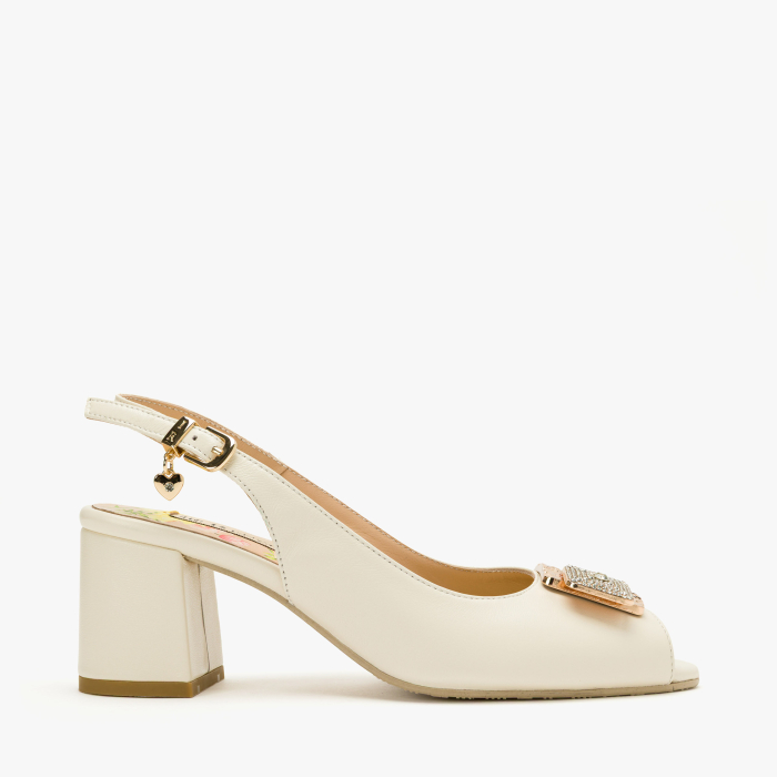 Sandale Dama Elegante, Piele Naturala Crem, Slingback Reglabil, Aplicatie Metalica cu Cristale, Toc Gros Stabil 6 cm, Renzoni 8342 [2]