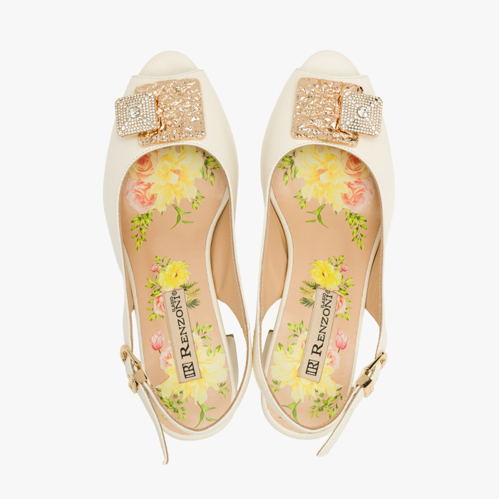 Sandale Dama Elegante, Piele Naturala Crem, Slingback Reglabil, Aplicatie Metalica cu Cristale, Toc Gros Stabil 6 cm, Renzoni 8342 [3]