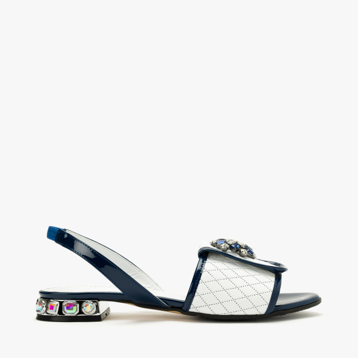 Sandale Dama Elegante, Piele Naturala Matlasata Alb cu Bleumarin, Slingback cu Talpa Joasa si Aplicatie Tip Brosa cu Cristale, Renzoni 4414 [2]