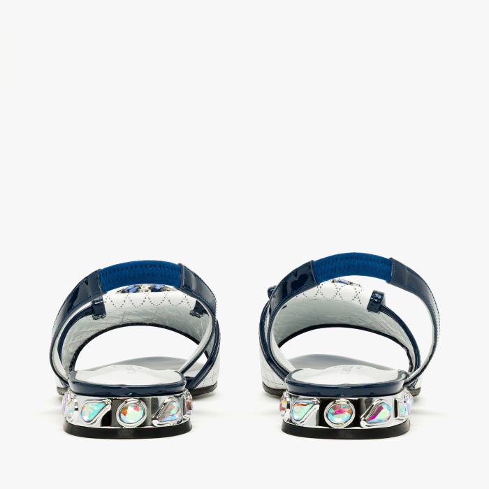 Sandale Dama Elegante, Piele Naturala Matlasata Alb cu Bleumarin, Slingback cu Talpa Joasa si Aplicatie Tip Brosa cu Cristale, Renzoni 4414 [5]