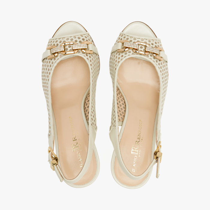 Sandale Dama Elegante, Piele Naturala Perforata Bej, Slingback Reglabil, Varf Decupat (Peep-Toe), Toc Subtire Sculptat 8 cm, Renzoni 4407 [3]