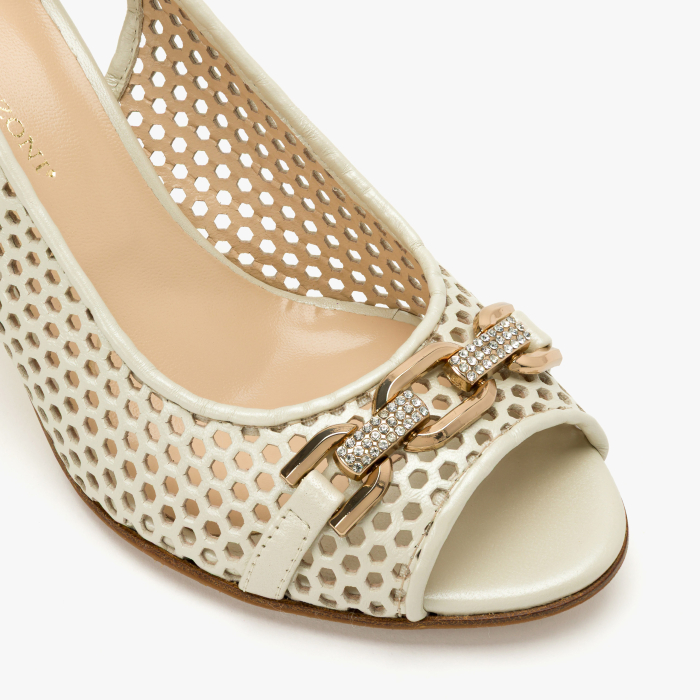Sandale Dama Elegante, Piele Naturala Perforata Bej, Slingback Reglabil, Varf Decupat (Peep-Toe), Toc Subtire Sculptat 8 cm, Renzoni 4407 [4]