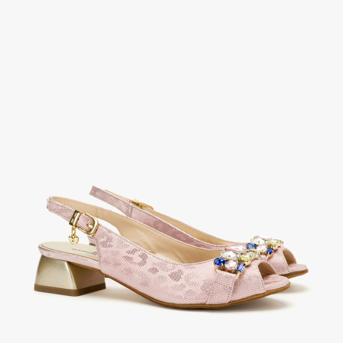 Sandale Dama Elegante, Piele Naturala, Roz Sidefat, Slingback Reglabil, Varf Decupat Peep-Toe, Cristale Multicolore, Renzoni 5850 [1]